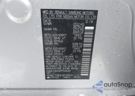 2015 Nissan Rogue Sv z USA, uszkodzony, nr VIN KNMAT2MV4FP519520